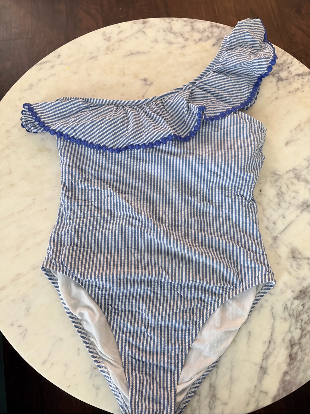 J. Crew Blue and White Striped One-Shoulder Ruffle Swimsuit